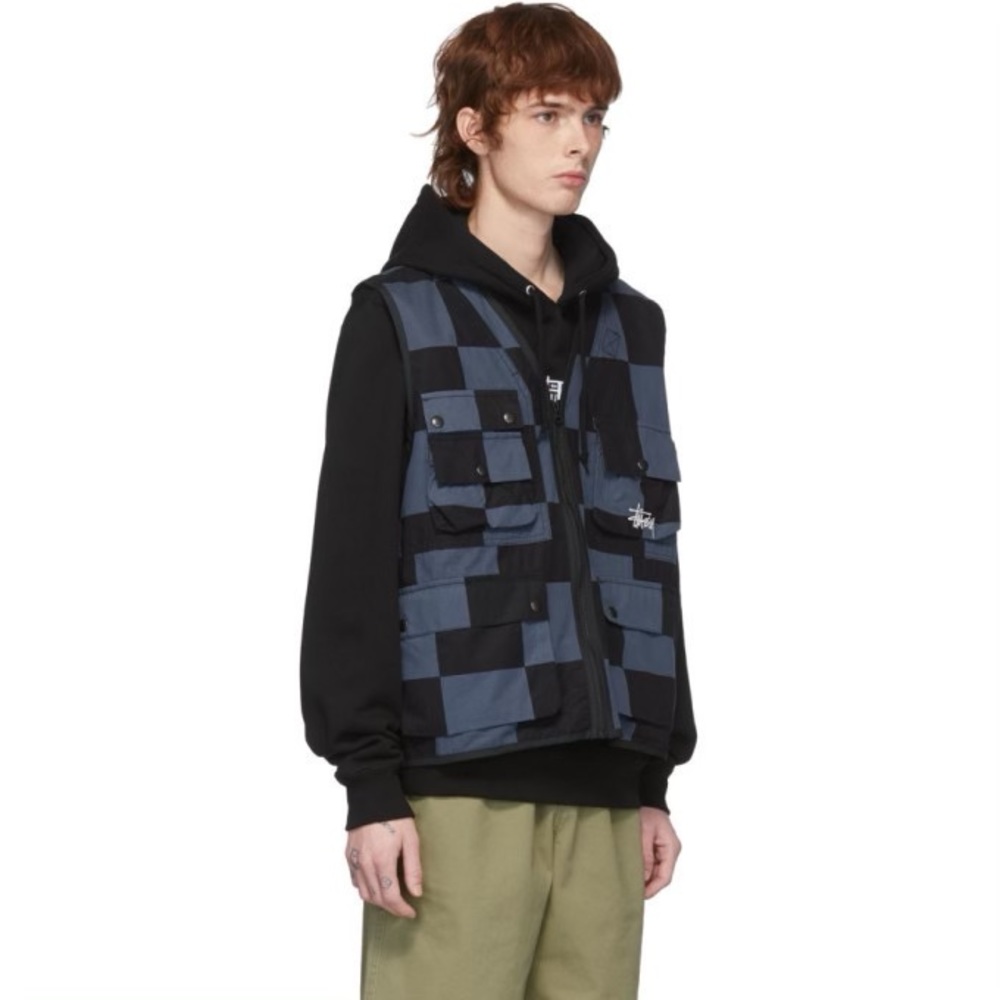 Stussy Black and Navy Check Utility Vest - Small